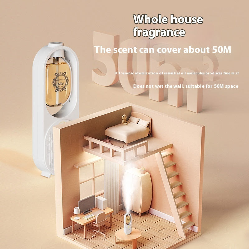 Ultrasonic diffuser with a miniature house model, bedroom, and office setup on a beige background.