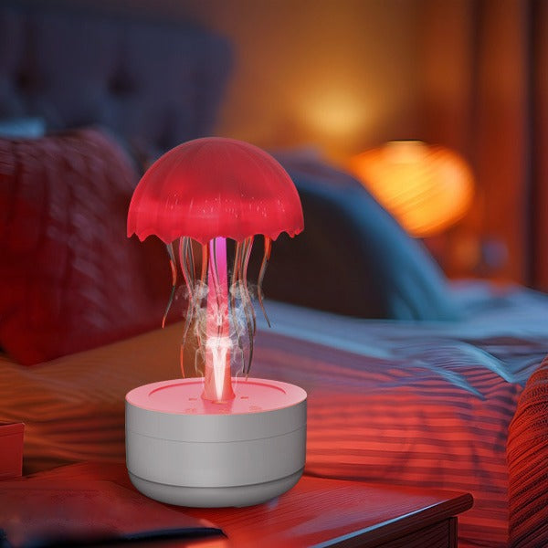 Jellyfish-shaped night light on a table with a blurred bedroom background