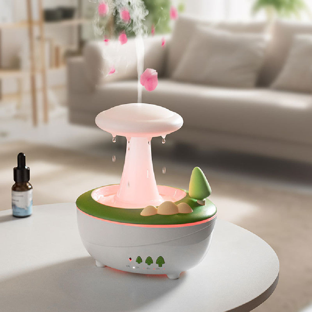 Mushroom-shaped humidifier on a table with a blurred living room background