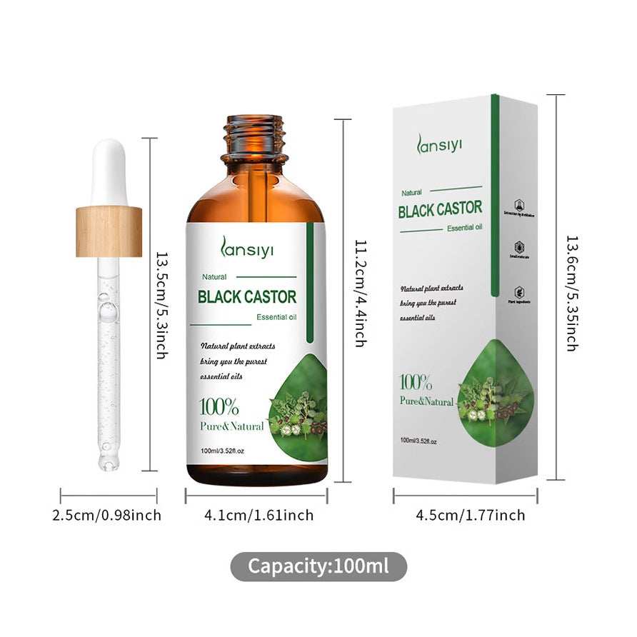 Lansyi Black Castor Essential Oil bottle and packaging with measurements on a white background