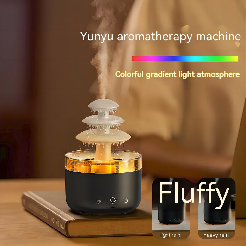 Yunyu aromatherapy machine emitting steam with colorful gradient light on a blurred background