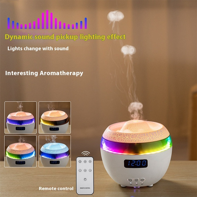 Aromatherapy diffuser with dynamic lighting effects and remote control on a wooden surface.