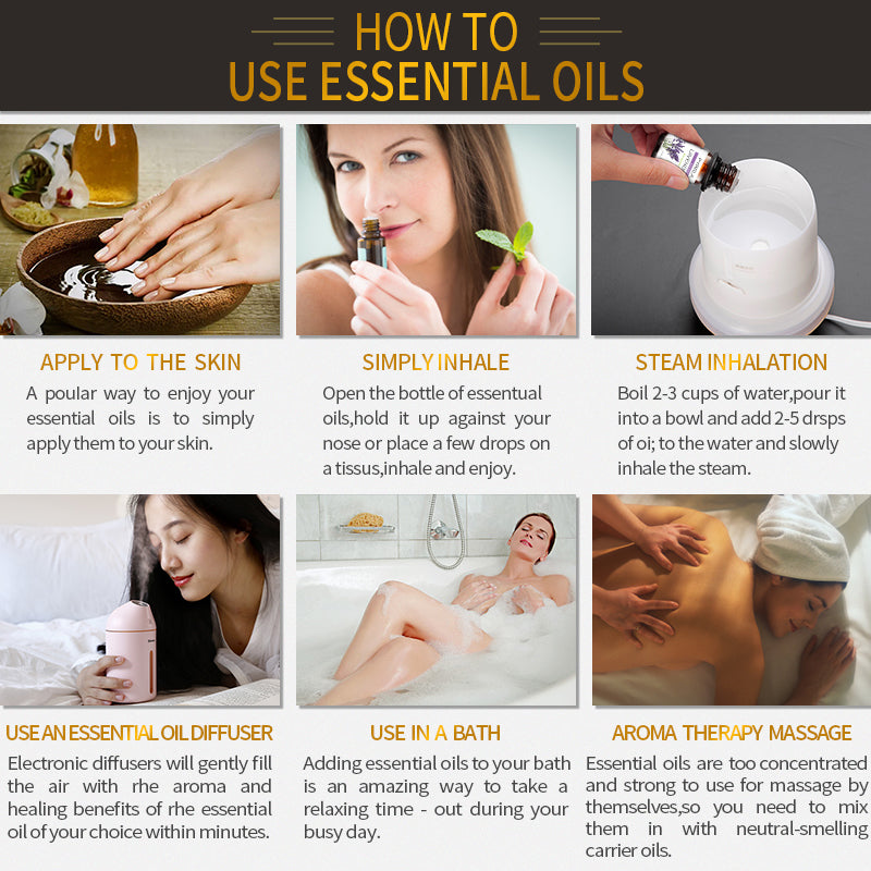 Infographic on how to use essential oils with step-by-step instructions and images.