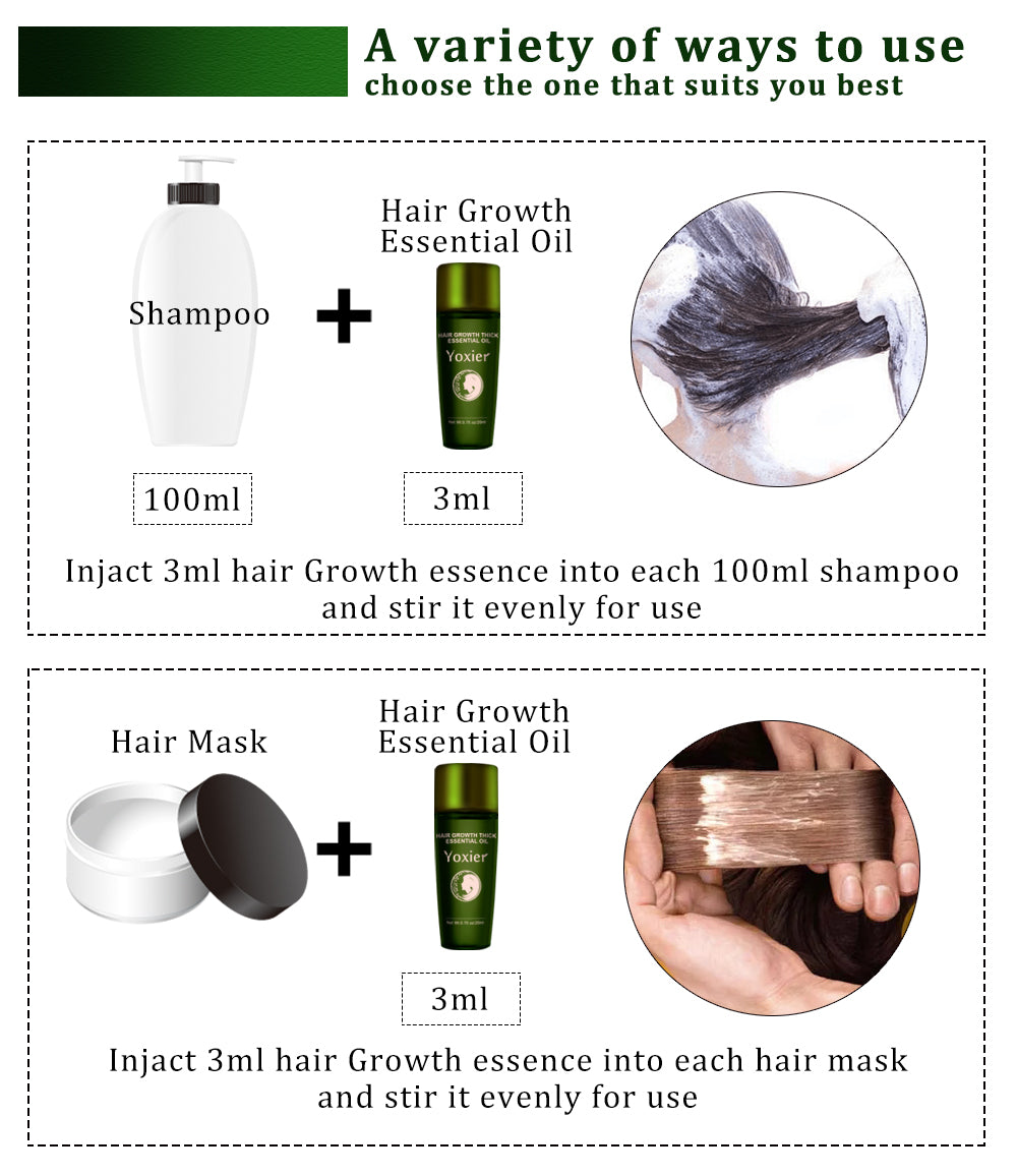 Instructions on how to use hair growth products with images of shampoo, hair mask, and essential oil.
