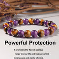 Beaded bracelet with purple and brown beads on a white background, featuring text about energy flow and inner peace.
