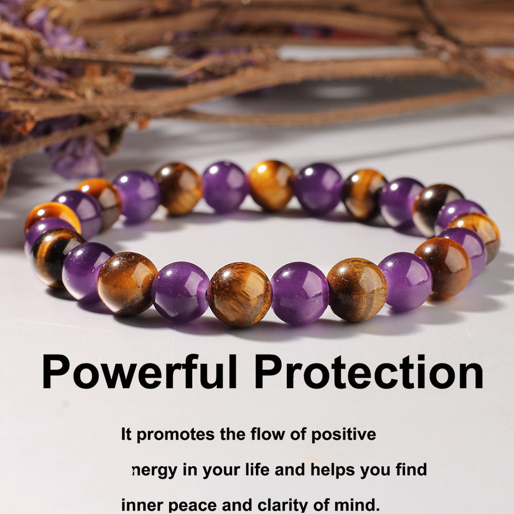 Beaded bracelet with purple and brown beads on a white background, featuring text about energy flow and inner peace.