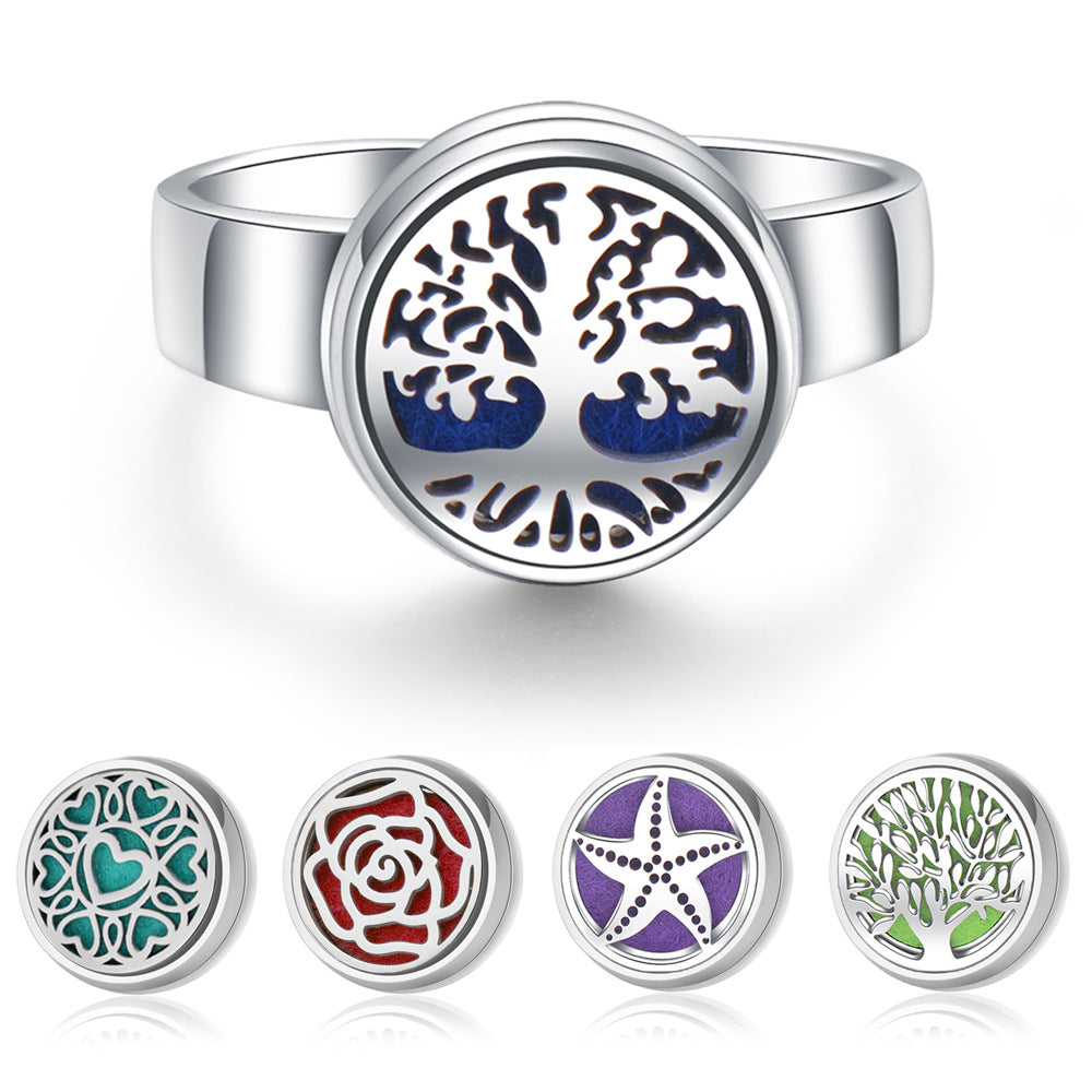 Silver ring with a tree of life design and five color variants displayed below on a white background.