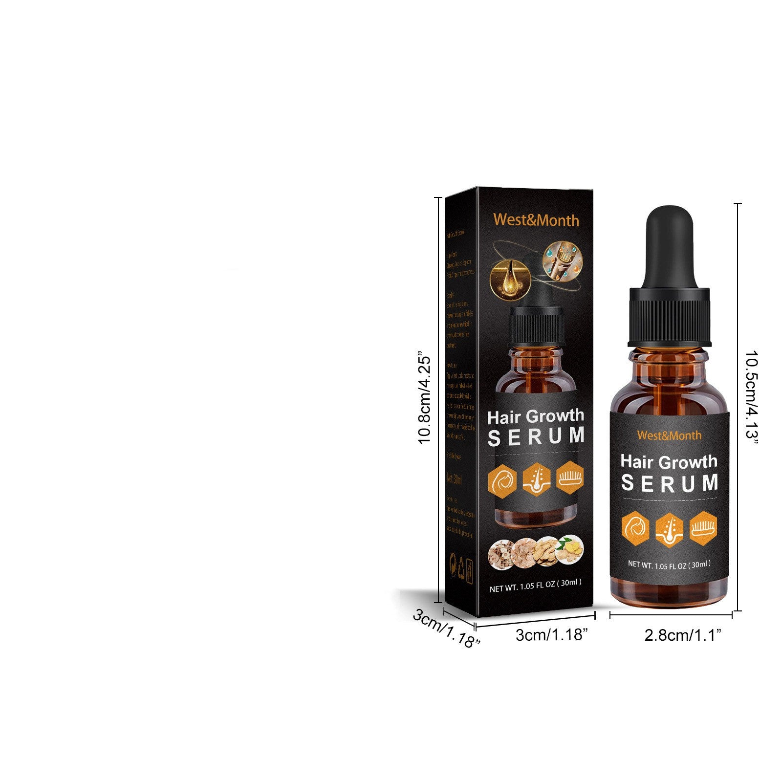Hair growth serum bottle and packaging with dimensions on a white background