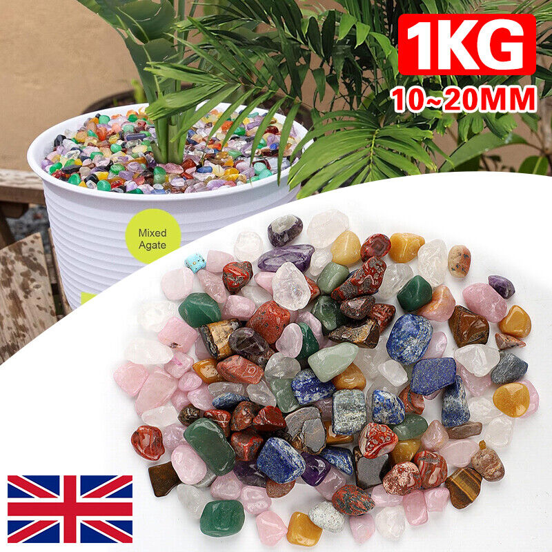 Colorful agate stones in a bowl with a potted plant in the background, labeled '1KG 10~20MM'.