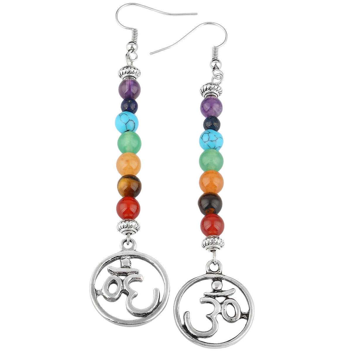 Pair of chakra beaded earrings with Om symbol on a white background