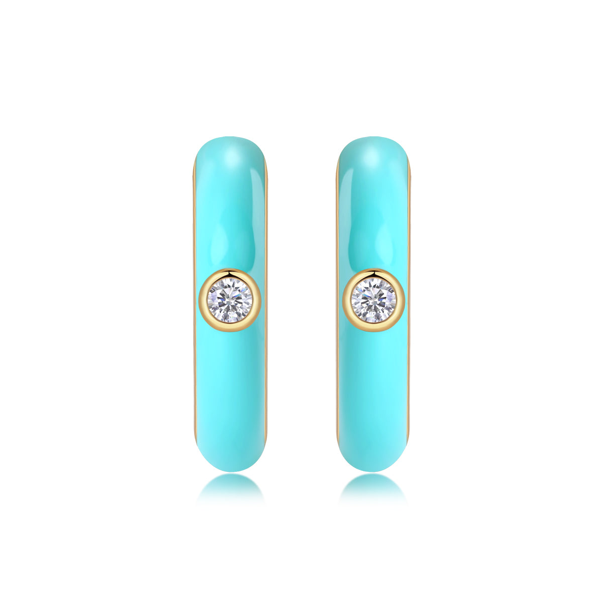 Turquoise hoop earrings with gold accents on a white background