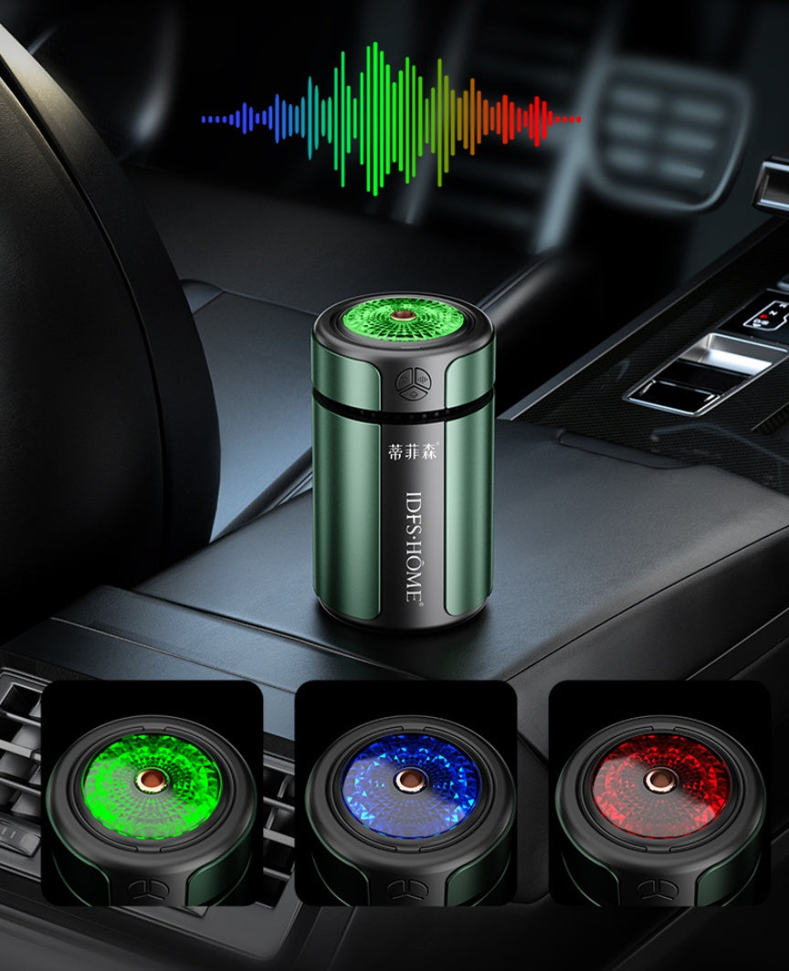 Car air freshener with colorful LED lights on a car dashboard
