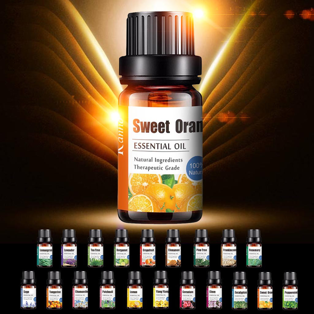 Bottle of sweet orange essential oil with a dark background