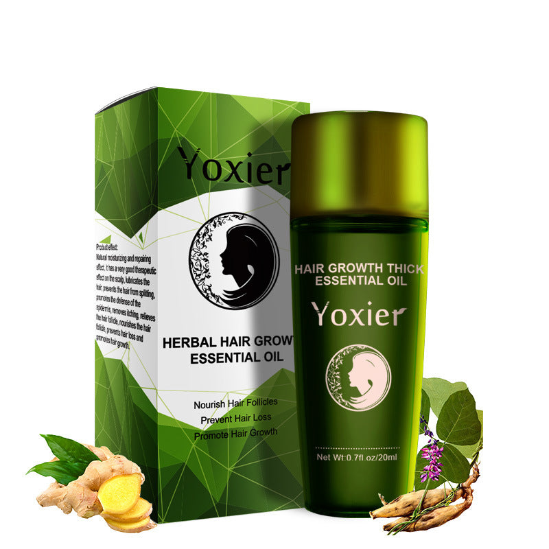 Yoxier herbal hair growth essential oil bottle and packaging on a white background