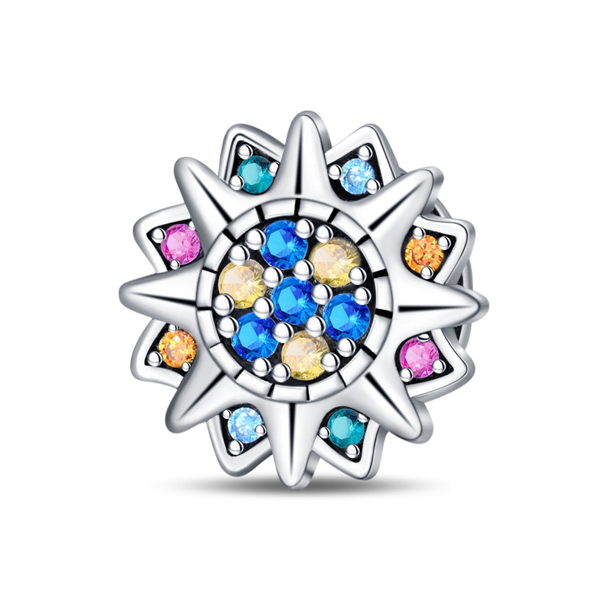 Silver charm with colorful gemstones on a white background