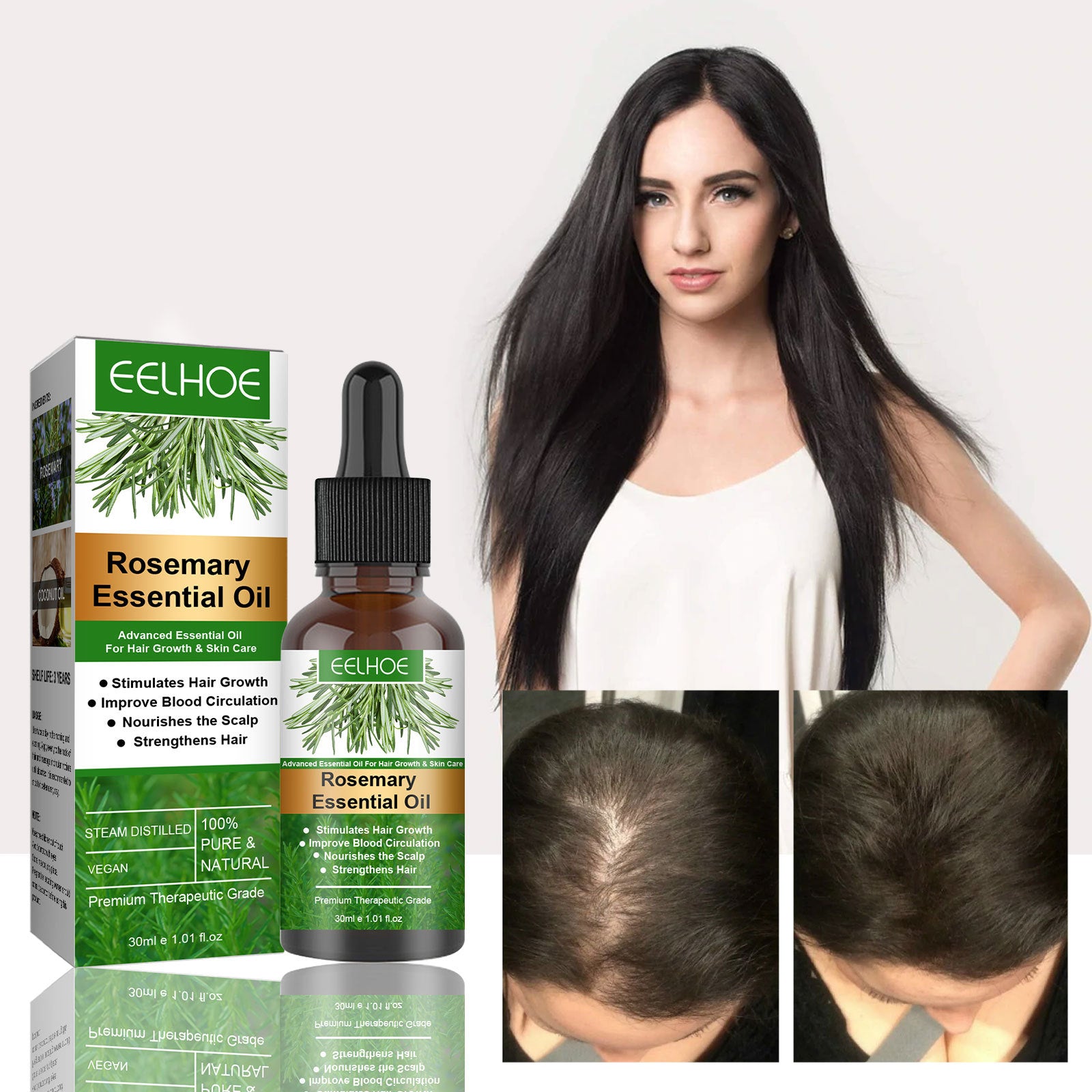 Eelhoe Rosemary Essential Oil with packaging and a woman with long hair, before and after images.