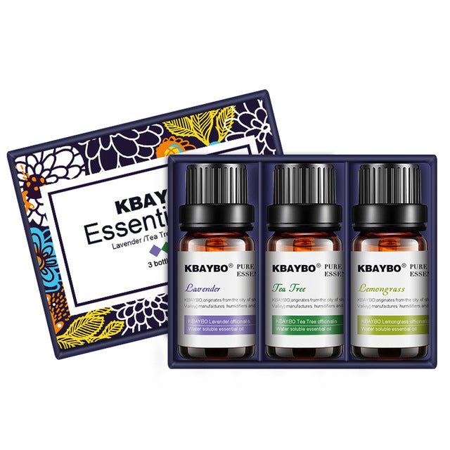 Set of KBAYBO essential oil bottles with a decorative box on a white background