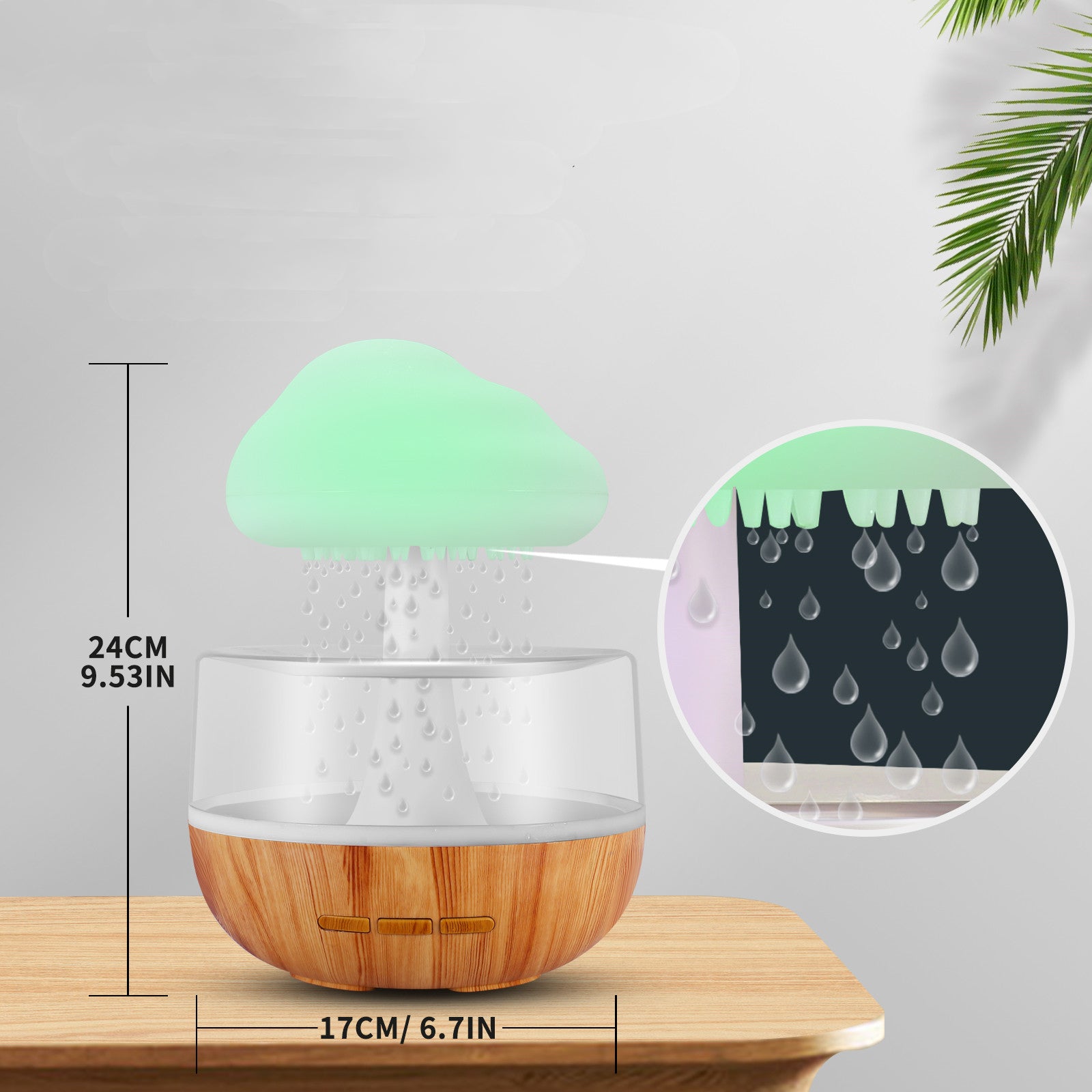 Wooden diffuser with green top on a wooden surface, showing dimensions and water droplet detail.
