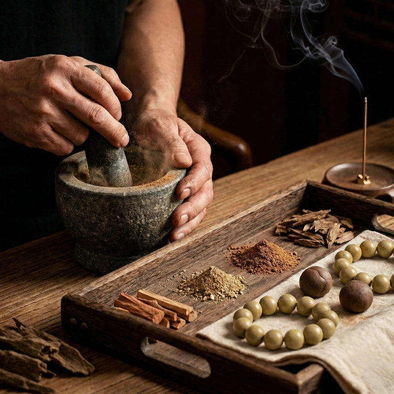 Person using a mortar and pestle with various spices and incense on a wooden table.