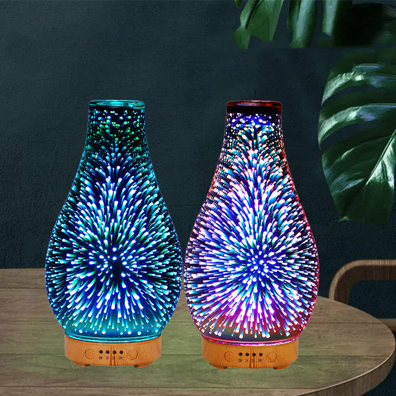 Two colorful diffusers on a wooden surface with a dark background