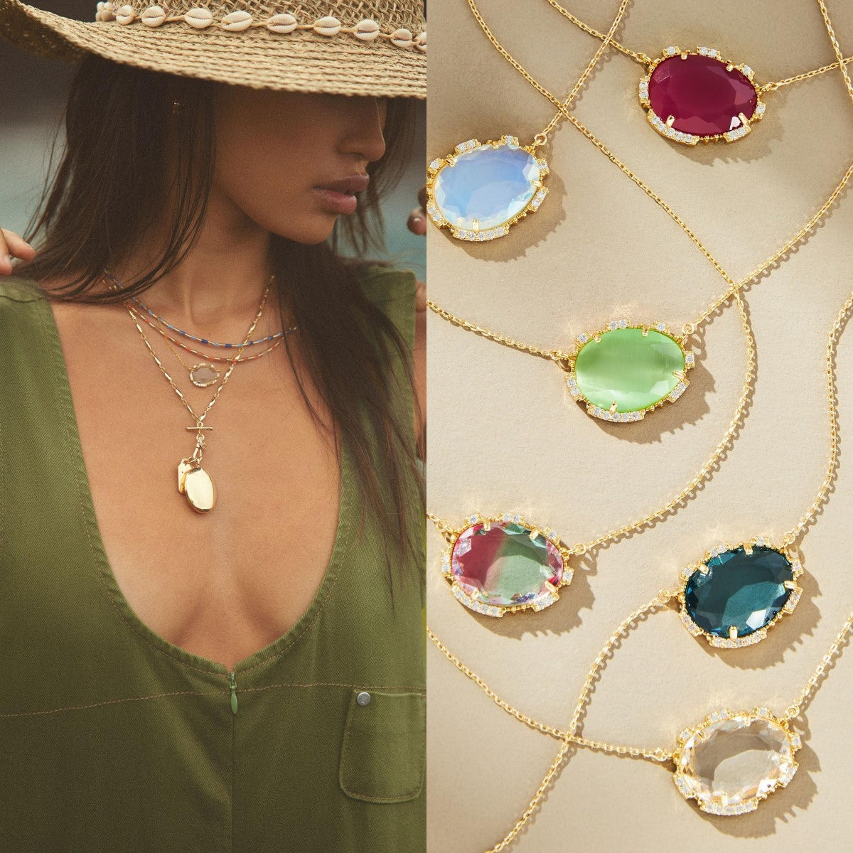 Woman wearing a green top with a close-up of colorful gemstone necklaces.