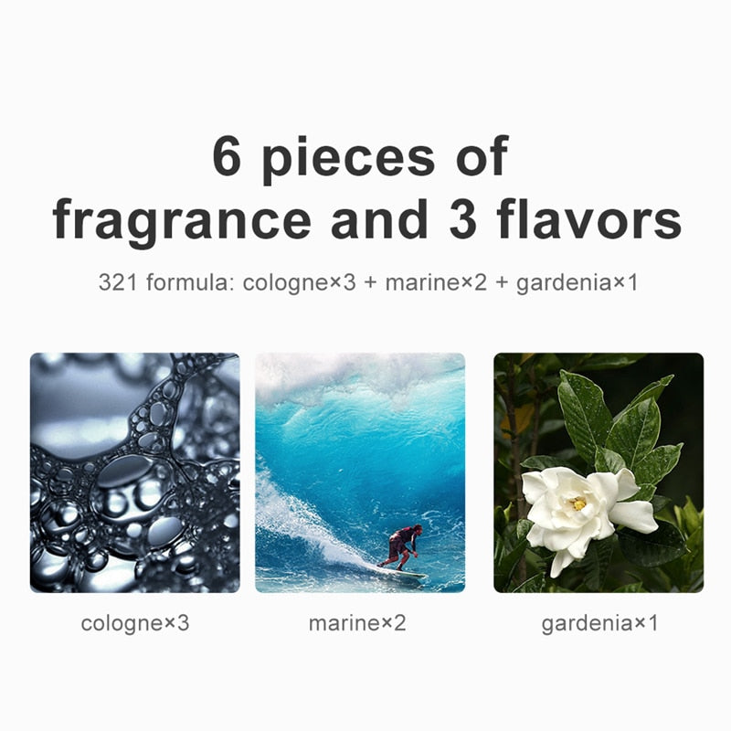 Text and images of bubbles, a surfer, and a flower with product details on a white background.