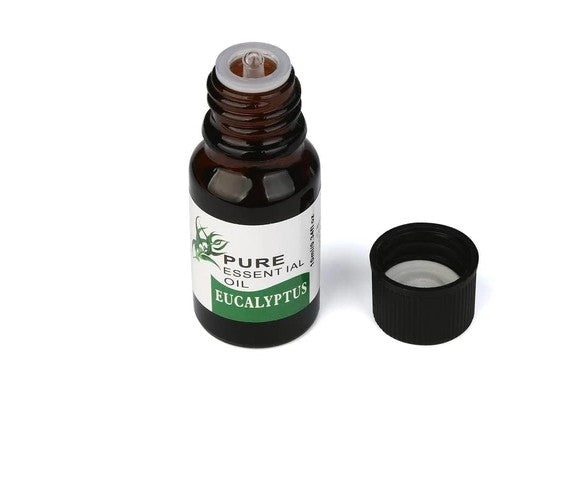 Bottle of pure essential oil labeled 'Eucalyptus' on a white background