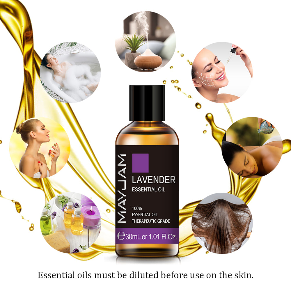 Mayuam Lavender essential oil bottle with lifestyle images and product usage on a white background