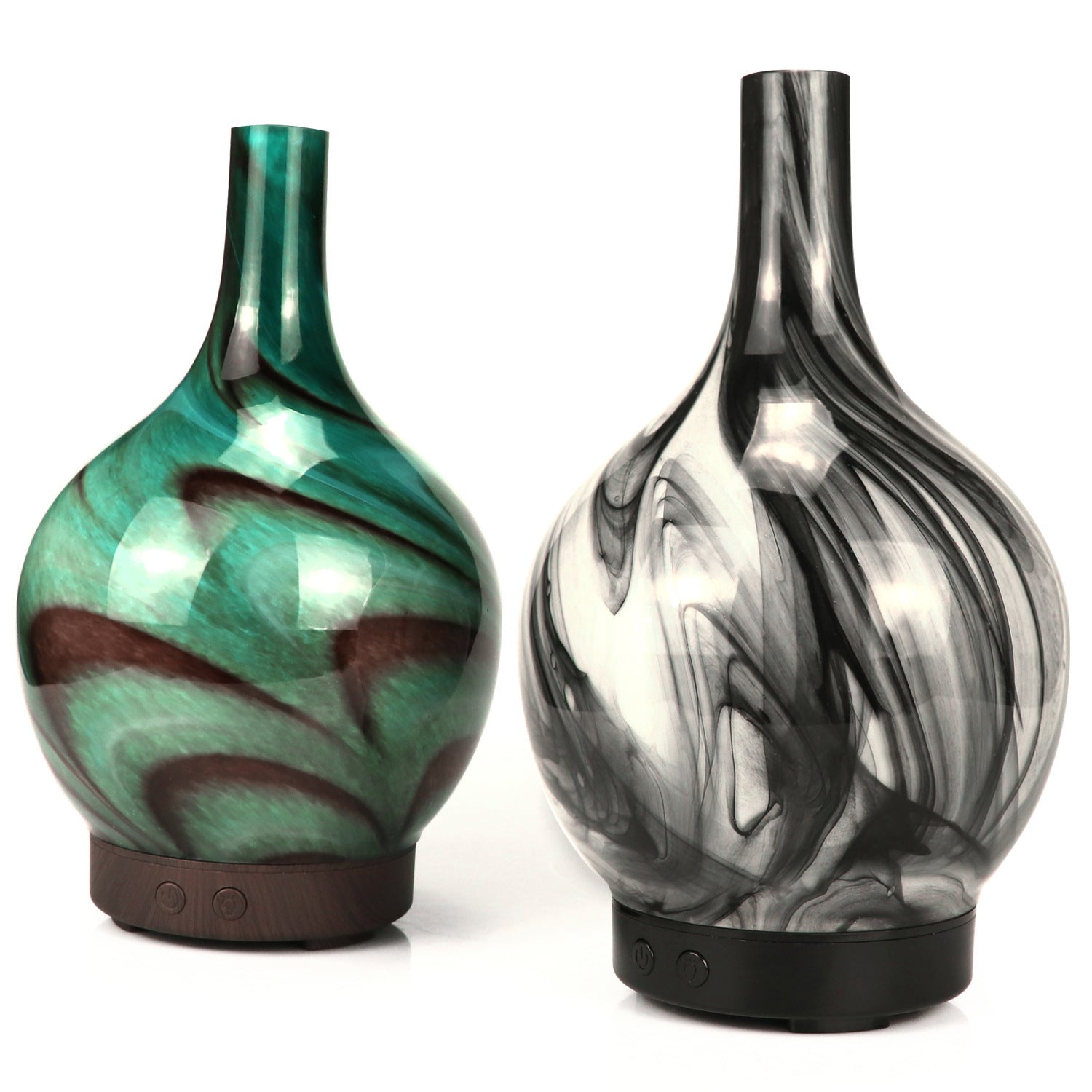 Two marbled patterned diffusers on a white background