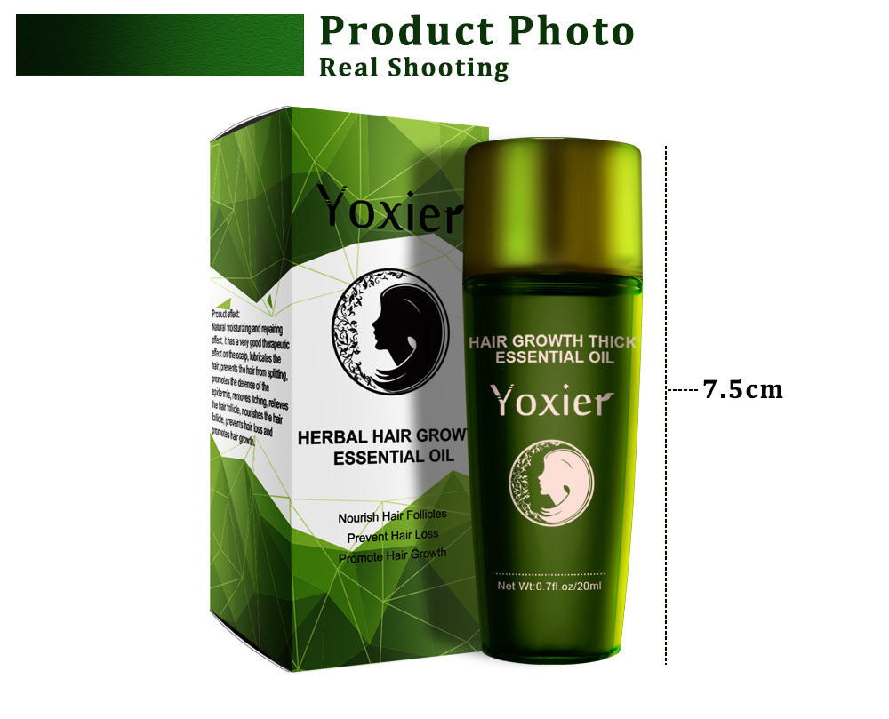 Yoxier herbal hair growth essential oil bottle and packaging with dimensions indicated.