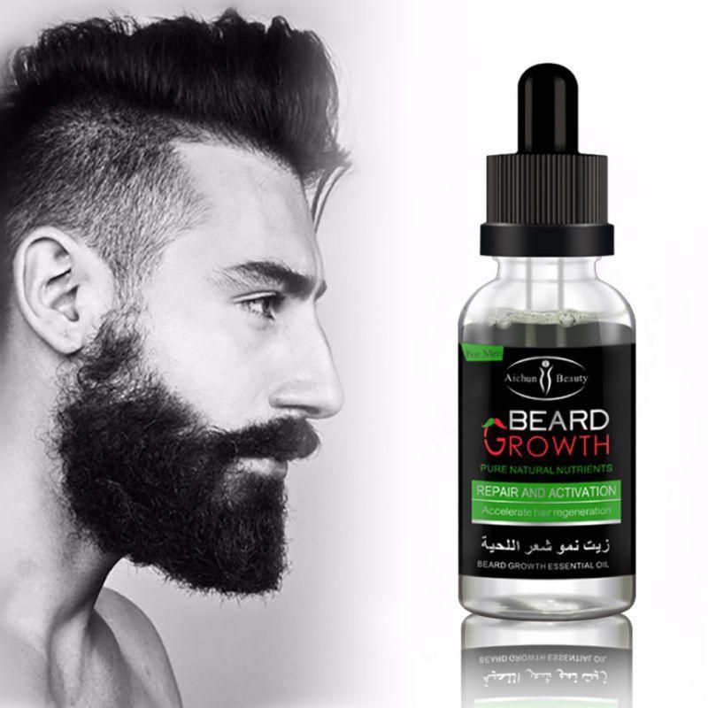 Bottle of beard growth oil with a man with a full beard on a white background