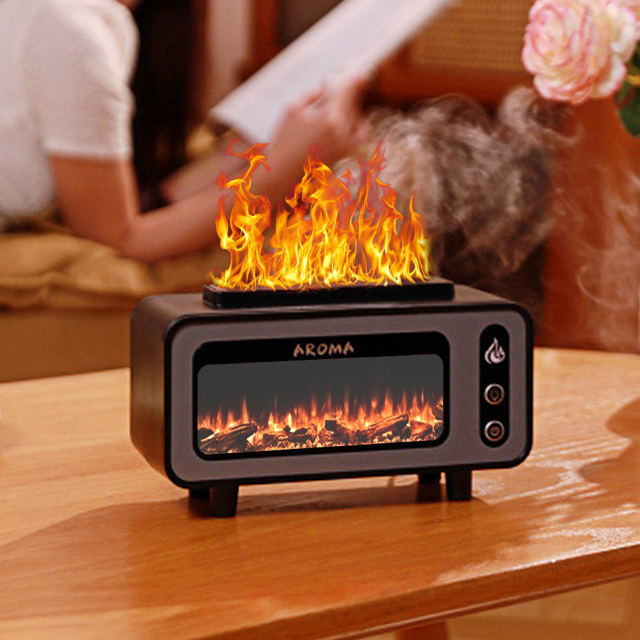 Tabletop fireplace with flame effect on a wooden surface, blurred background