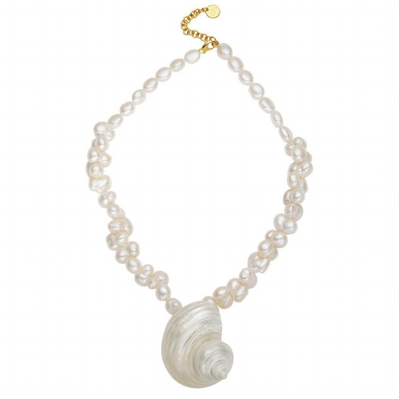 Pearl necklace with a shell pendant on a white background