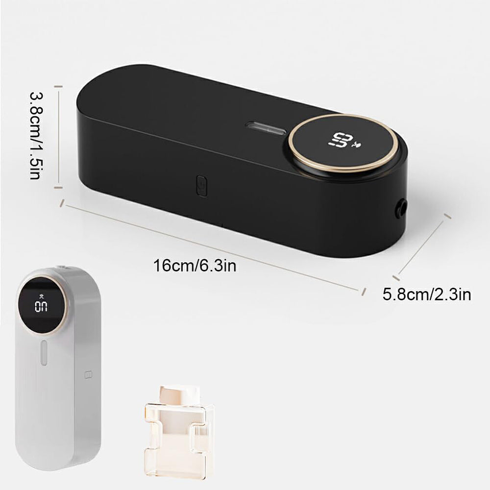 Black electronic device with dimensions labeled on a white background
