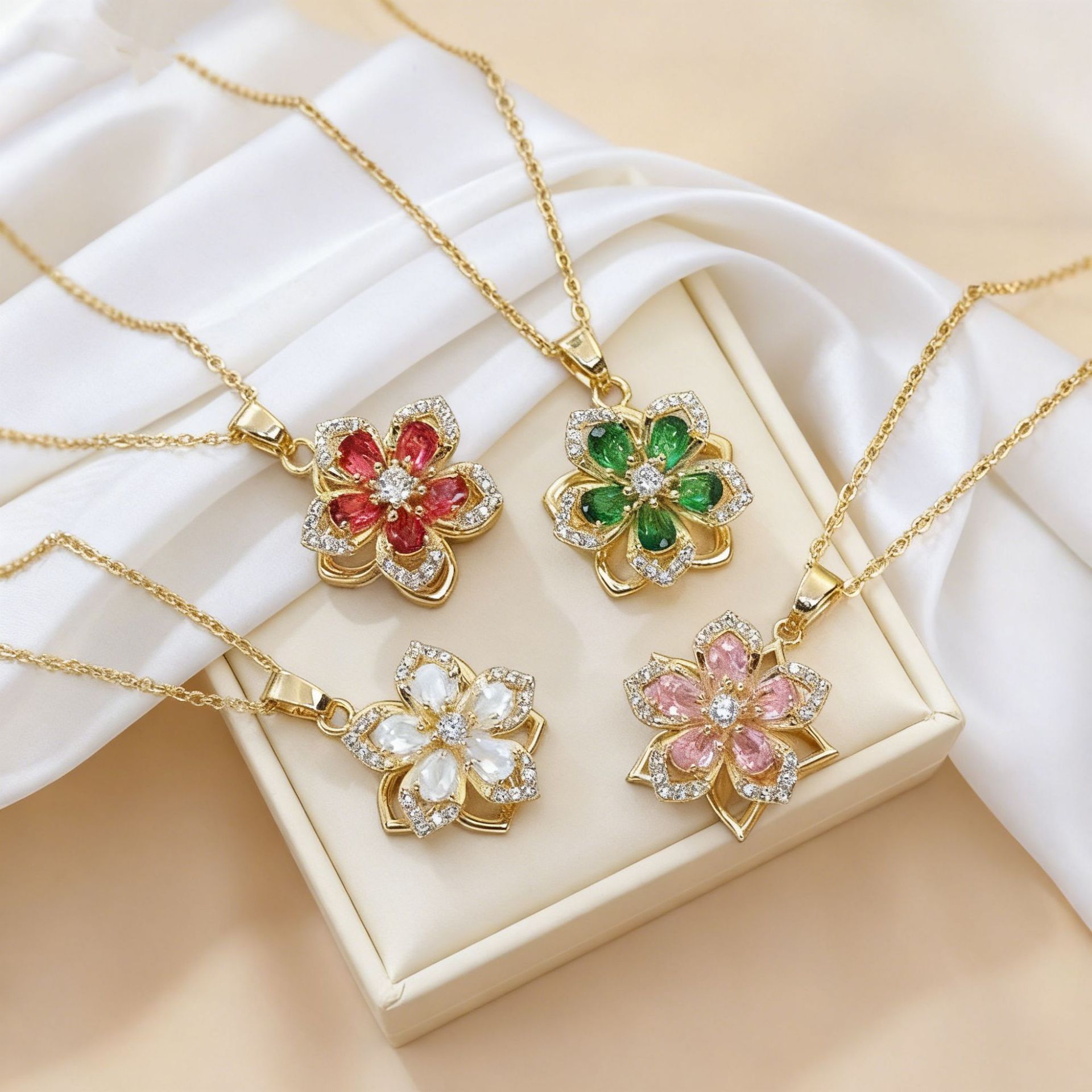 Gold necklaces with floral pendants featuring red, green, and pink gemstones on a white fabric background.