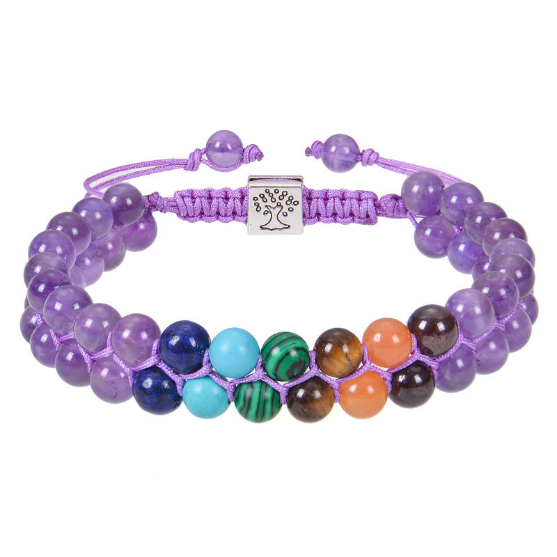 Multicolored beaded bracelet with a purple cord on a white background