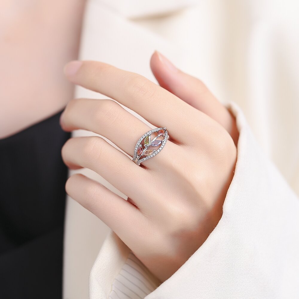 Light-Luxury Personalized Color Gemstone Ring With Exquisite Design And Open Cuff Style