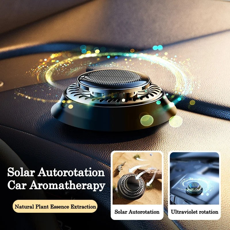 Car aromatherapy device with solar autorotation feature on a car dashboard.