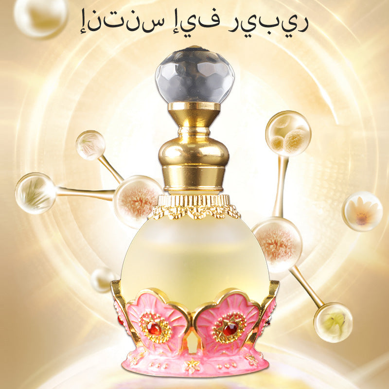 Decorative bottle with floral design on a gold background