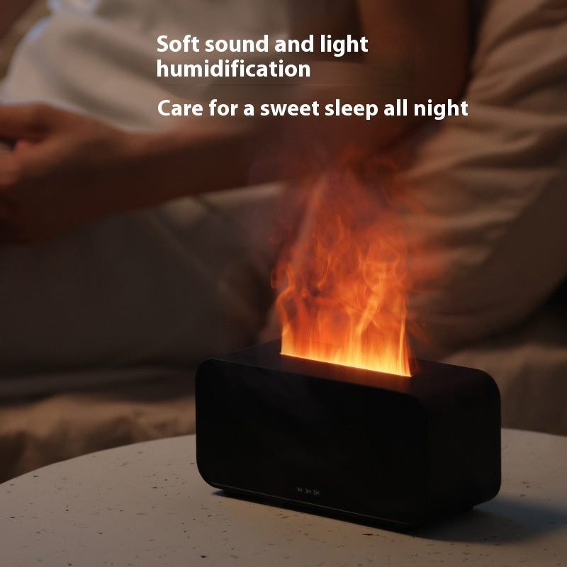 Black humidifier with flame effect on a table, with text about soft sound and light humidification.
