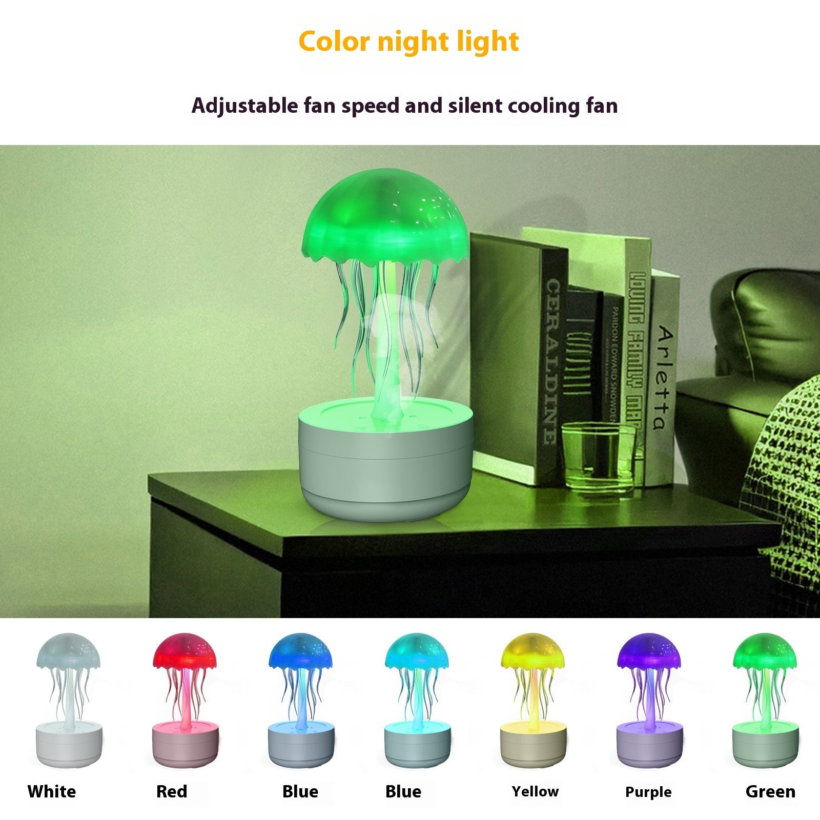 Jellyfish-shaped night light on a table with color options displayed below.