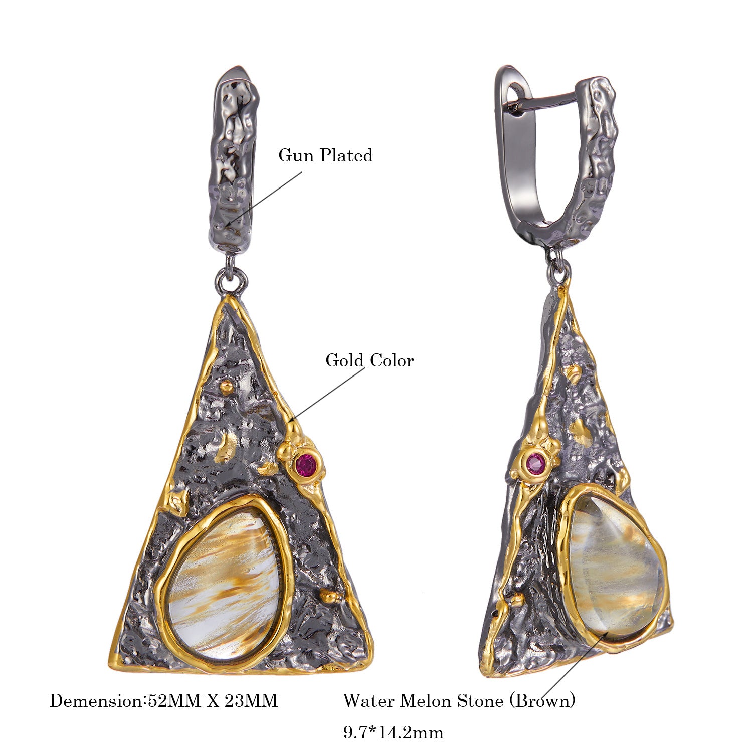 Pair of earrings with gold and silver design, featuring watermelon stone, on a white background.