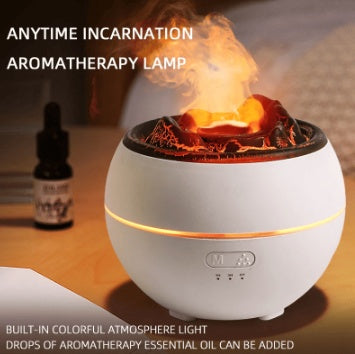 Aromatherapy lamp with colorful light and essential oil bottle on a wooden surface
