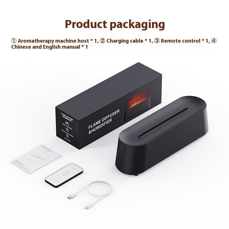 Aromatherapy machine host with packaging, remote control, charging cable, and manuals on a white background.