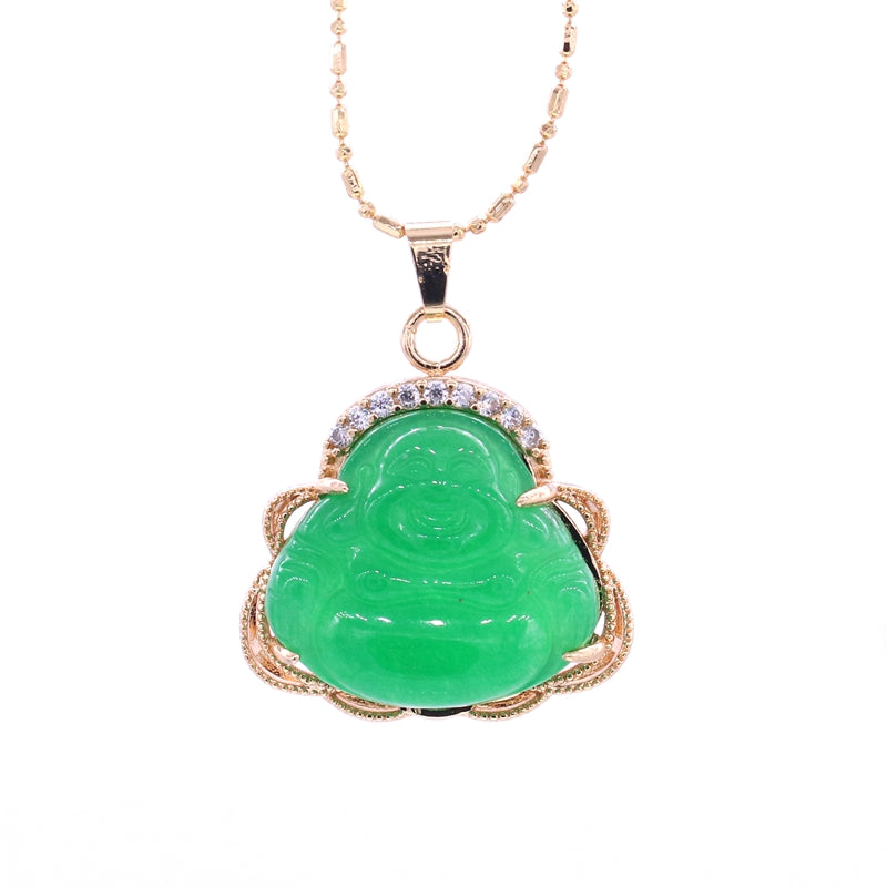 Green jade pendant with gold frame and necklace on white background