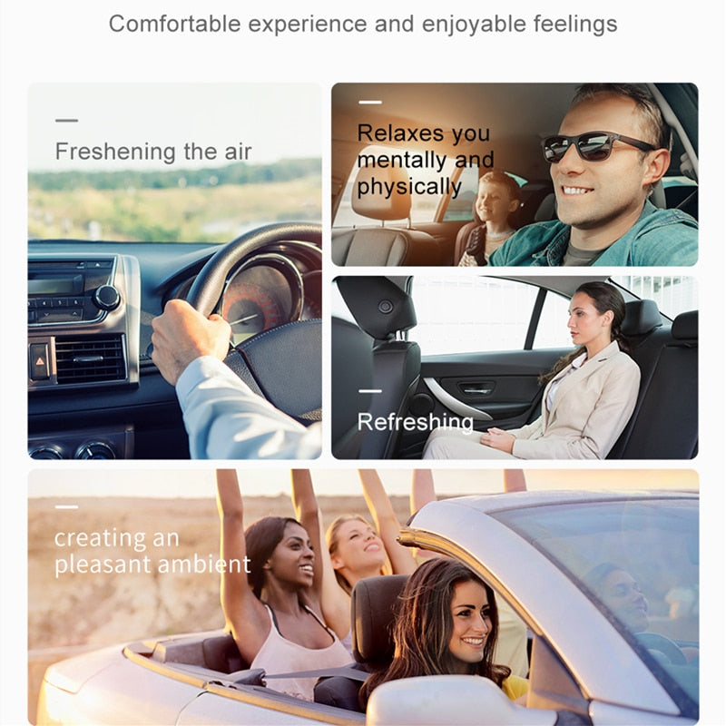 Collage of people using a car's air conditioning system with text describing its benefits.