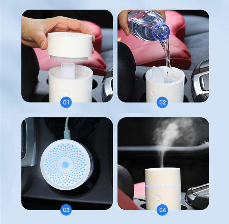 Step-by-step process of using a car air freshener with water, shown in four quadrants.
