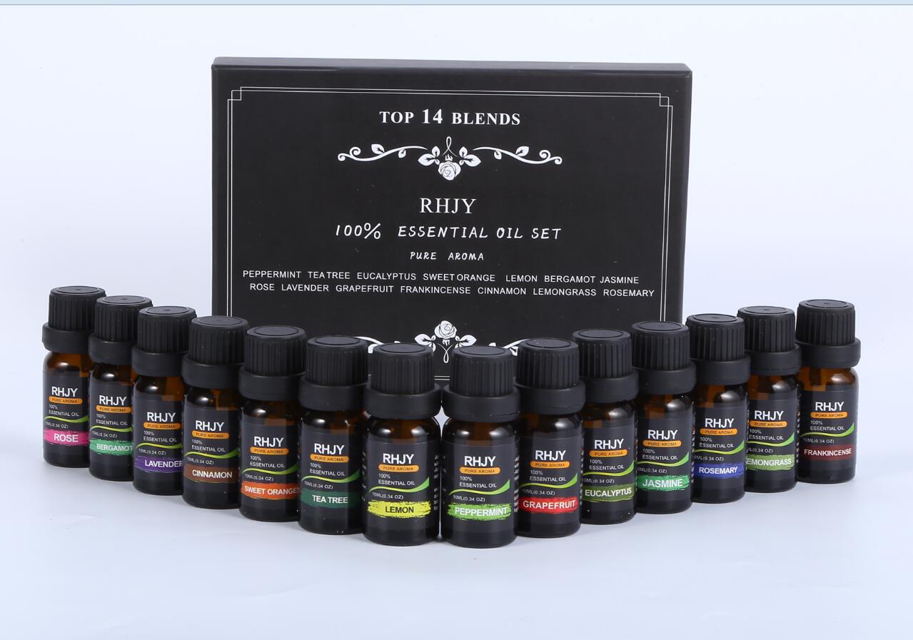 Set of 14 essential oil bottles with a black box labeled 'Top 14 Blends' on a white background.