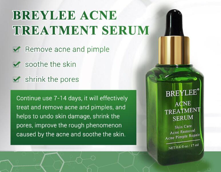 Breylee Acne Treatment Serum bottle with product description on a green and white background