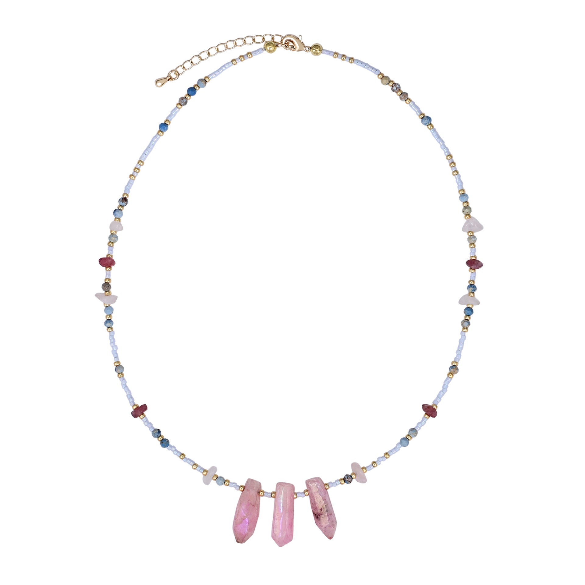 Necklace with pink beads and multicolored beaded chain on a white background
